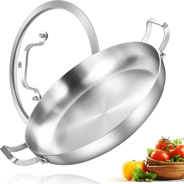 LOLYKITCH 14-Inch Tri-Ply Stainless Steel Paella Pan with Lid,Large Skillet,Griddle,Large Saute Pan with Lid,Jumbo Cooker,Induction Pan,Dishwasher and Oven Safe.