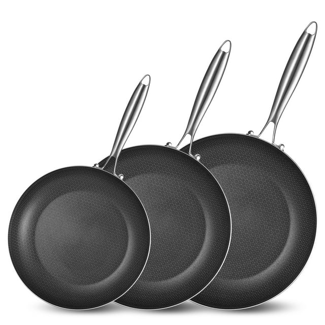 LOLYKITCH 8-10-12 Inch Tri-ply Hybird Stainless Steel Non-stick Frying Pan Set ,Skillets,Induction Pan,Pot and Pan Set,Oven and Dishwasher Safe.(Removable Handle)
