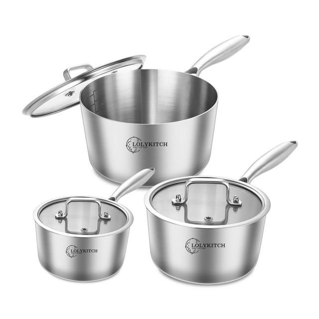 LOLYKITCH Whole Body Tri-Ply Stainless Steel 1.5QT&2.5QT&3.0QT Saucepan set wih Lids 6pcs,Induction Cooking Pot and Pan set,Saucepans,Oven and Dishwasher Safe.