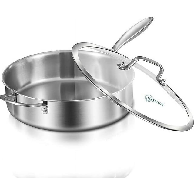 LOLYKITCH Whole Body Tri-Ply Stainless Steel 5.5 QT Saute Pan with lid,12 Inch Deep Frying Pan,Jumbo Cooker,Everyday Pan,Induction Pan,Dishwasher and Oven Safe.