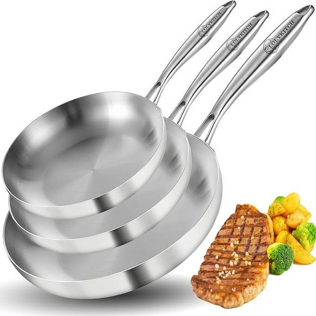 LOLYKITCH Whole Body Tri-Ply Stainless Steel Pan 8.5-10-12 inch Chef's Pan,Frying Pan Set, Skillets,Pot, Induction Pans, Cookware Set,Dishwasher and Oven Safe.(Detachable Handle)