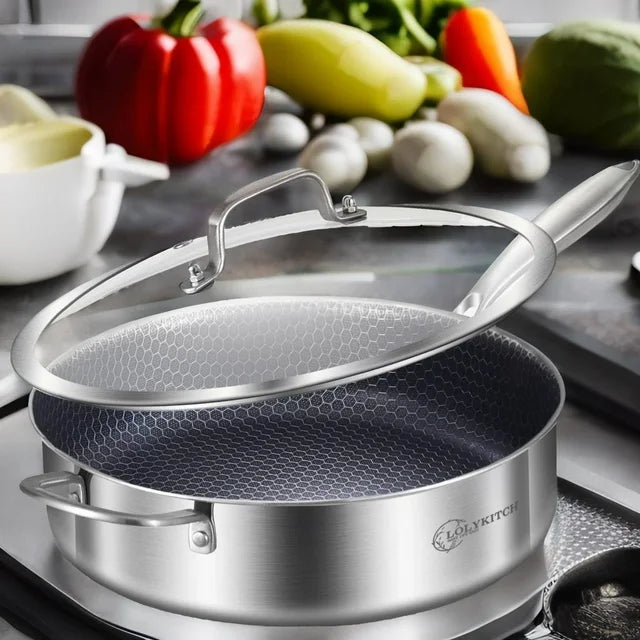 LOLYKITCH 6 QT Tri-Ply Stainless Steel Non-stick Sauté Pan with Lid,12 Inch Deep Frying pan,Large Skillet,Jumbo Cooker,Induction Pan,Dishwasher and Oven Safe.(Removable Handle)