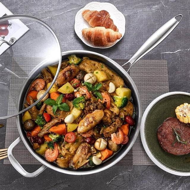 LOLYKITCH 6 QT Tri-Ply Stainless Steel Non-stick Sauté Pan with Lid,12 Inch Deep Frying pan,Large Skillet,Jumbo Cooker,Induction Pan,Dishwasher and Oven Safe.(Removable Handle)