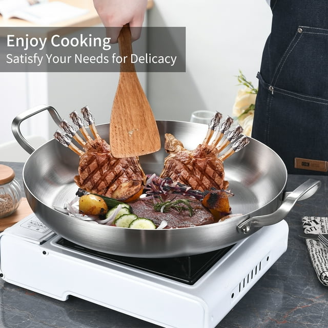 LOLYKITCH 14-Inch Tri-Ply Stainless Steel Paella Pan with Lid,Large Skillet,Griddle,Large Saute Pan with Lid,Jumbo Cooker,Induction Pan,Dishwasher and Oven Safe.