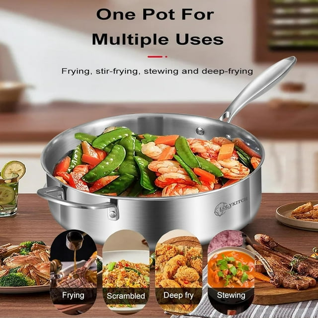 LOLYKITCH 8-10Inch Tri-ply Stainless Steel Frying Pans and 6 QT Saute Pan with Lid,Skillets,Cookware Set,Pot and Pan Set,Dishwasher and Oven Safe.(Removable Handle)