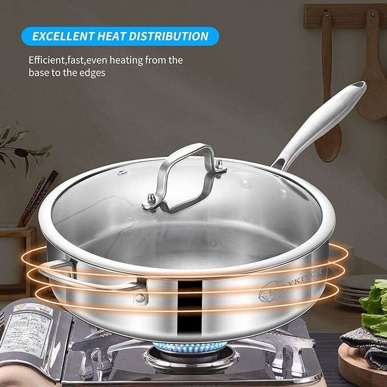 LOLYKITCH Whole Body Tri-Ply Stainless Steel 5.5 QT Saute Pan with lid,12 Inch Deep Frying Pan,Jumbo Cooker,Everyday Pan,Induction Pan,Dishwasher and Oven Safe.