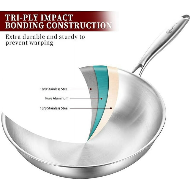 LOLYKITCH 10 Inch Tri-ply Stainless Steel Wok Pan with Lid,Skillet,Induction Stri-frying Pan,Dishwasher and Oven Safe.(Rivet Handle)