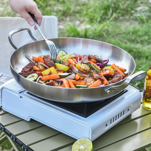 LOLYKITCH 14-Inch Tri-Ply Stainless Steel Paella Pan with Lid,Large Skillet,Griddle,Large Saute Pan with Lid,Jumbo Cooker,Induction Pan,Dishwasher and Oven Safe.