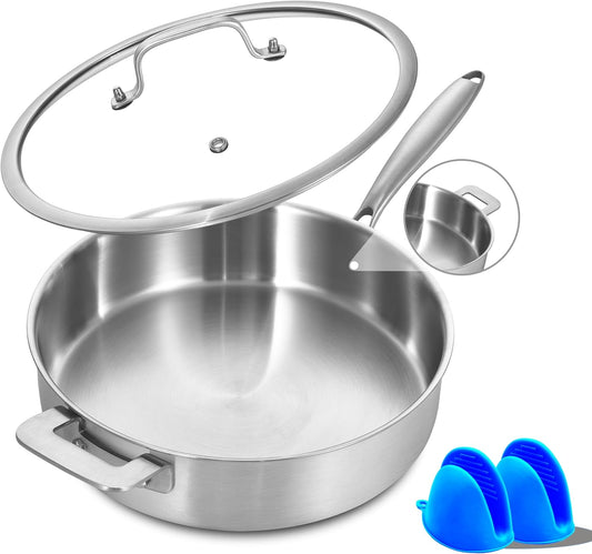 LOLYKITCH Sauté Pan, 6QT Tri-Ply Stainless Steel Deep Cooking Pan, 12 Inch Everyday Pan with Lid, Large Induction Frying Skillet Compatible with All Cooktops, Two Ergonomic Handles for Conversion