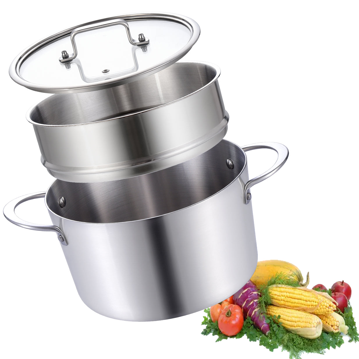 LOLYKITCH Tri-Ply Stainless Steel Stockpot with Tempered Glass Lid, Ergonomic Handel, Compatible with All Stove Tops Oven Safe
