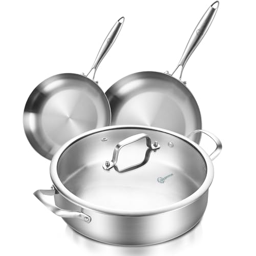 LOLYKITCH 8-10 Inch Tri-ply Stainless Steel Frying Pan Set and 6 QT Saute Pan with Lid,Skillets,Induction Cookware,Pots and Pans Set,Dishwasher and Oven Safe.