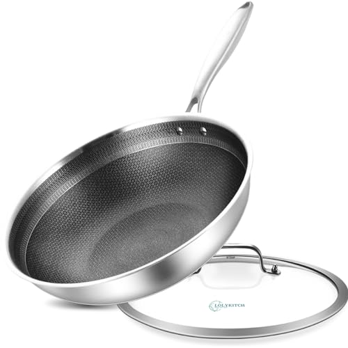 LOLYKITCH 10 Inch Hybrid Stainless Steel Non-stick Sauté Pan with Lid,Deep Frying Pan,Skillet,Induction Pan,Oven and Dishwasher Safe.(Rivet Handle)