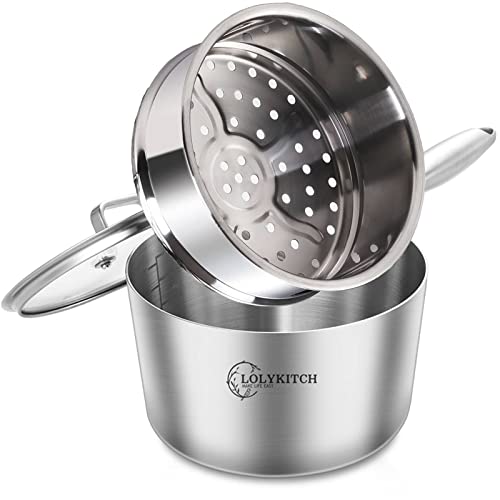 LOLYKITCH Whole Body Tri-Ply Stainless Steel 3 QT Saucepan with Steamer Set,Dai.20 CM Induction Pot,Heavy Duty,Oven and Dishwasher Safe.(Removable Handle)
