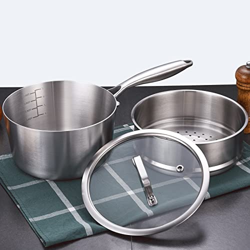 LOLYKITCH Whole Body Tri-Ply Stainless Steel 3 QT Saucepan with Steamer Set,Dai.20 CM Induction Pot,Heavy Duty,Oven and Dishwasher Safe.(Removable Handle)