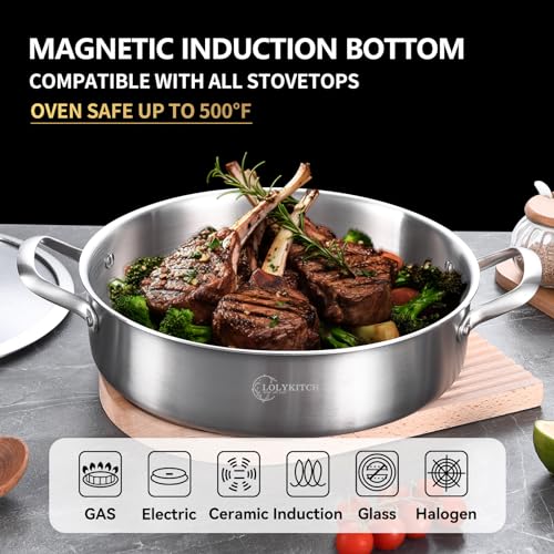 LOLYKITCH 7 Quarts Tri-Ply Stainless Steel Sauté Pan with Lid,12 Inch Deep Frying Pan,Large Skillet,Jumbo Cooker,Induction Pot,Dishwasher and Oven Safe.