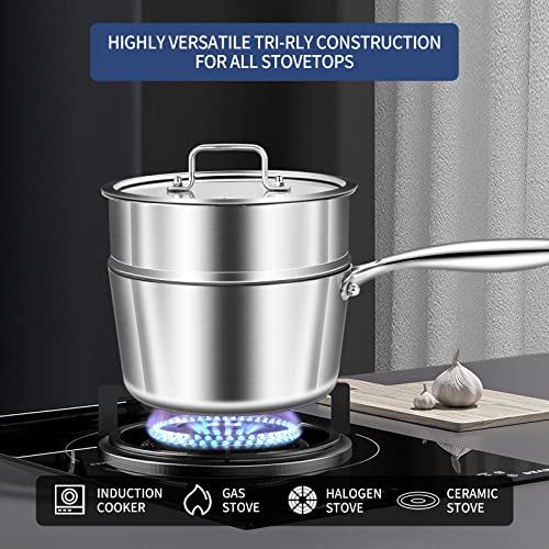 LOLYKITCH Whole Body Tri-Ply Stainless Steel 3 QT Saucepan with Steamer Set,Dai.20 CM Induction Pot,Heavy Duty,Oven and Dishwasher Safe.(Removable Handle)