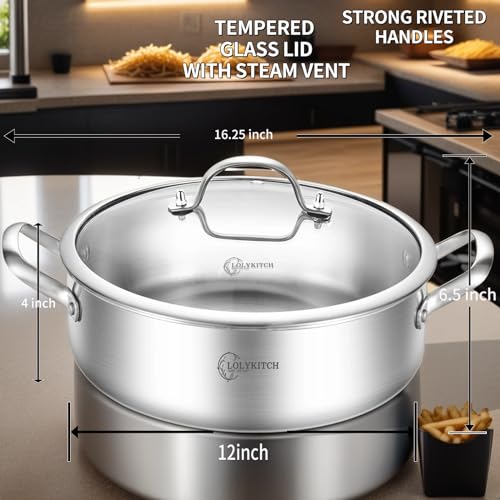 LOLYKITCH 7 Quarts Tri-Ply Stainless Steel Sauté Pan with Lid,12 Inch Deep Frying Pan,Large Skillet,Jumbo Cooker,Induction Pot,Dishwasher and Oven Safe.