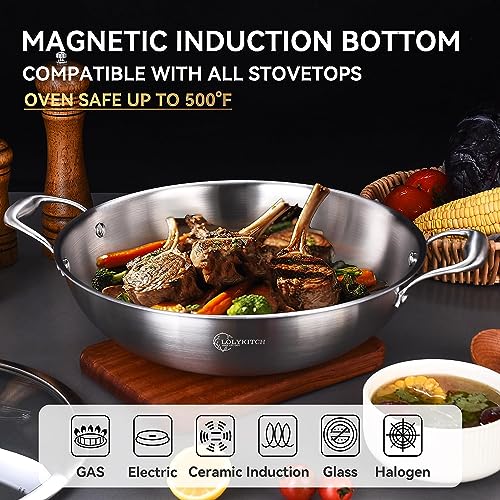 LOLYKITCH Tri-Ply Stainless Steel Wok Pan,Suit for All Stoves,Dishwasher and oven safe