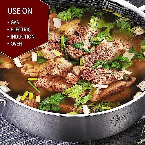 LOLYKITCH Tri-Ply Stainless Steel Saute Frying Pan Skillet with Ergonomic Handle, Compatible with Induction Stoves, Gas Stoves, Ceramic Stoves, Electric Stoves and Oven Safe