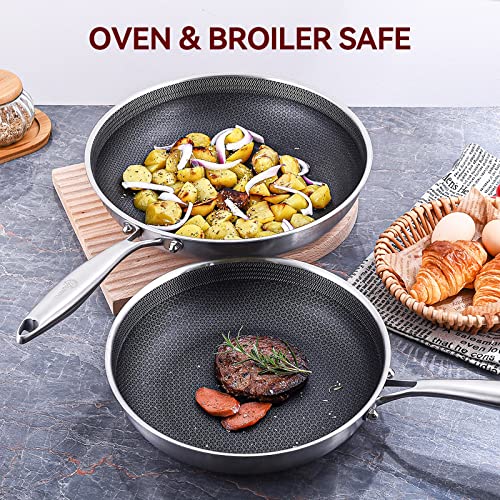 LOLYKITCH 10 Inch Hybrid Stainless Steel Non-stick Sauté Pan with Lid,Deep Frying Pan,Skillet,Induction Pan,Oven and Dishwasher Safe.(Rivet Handle)