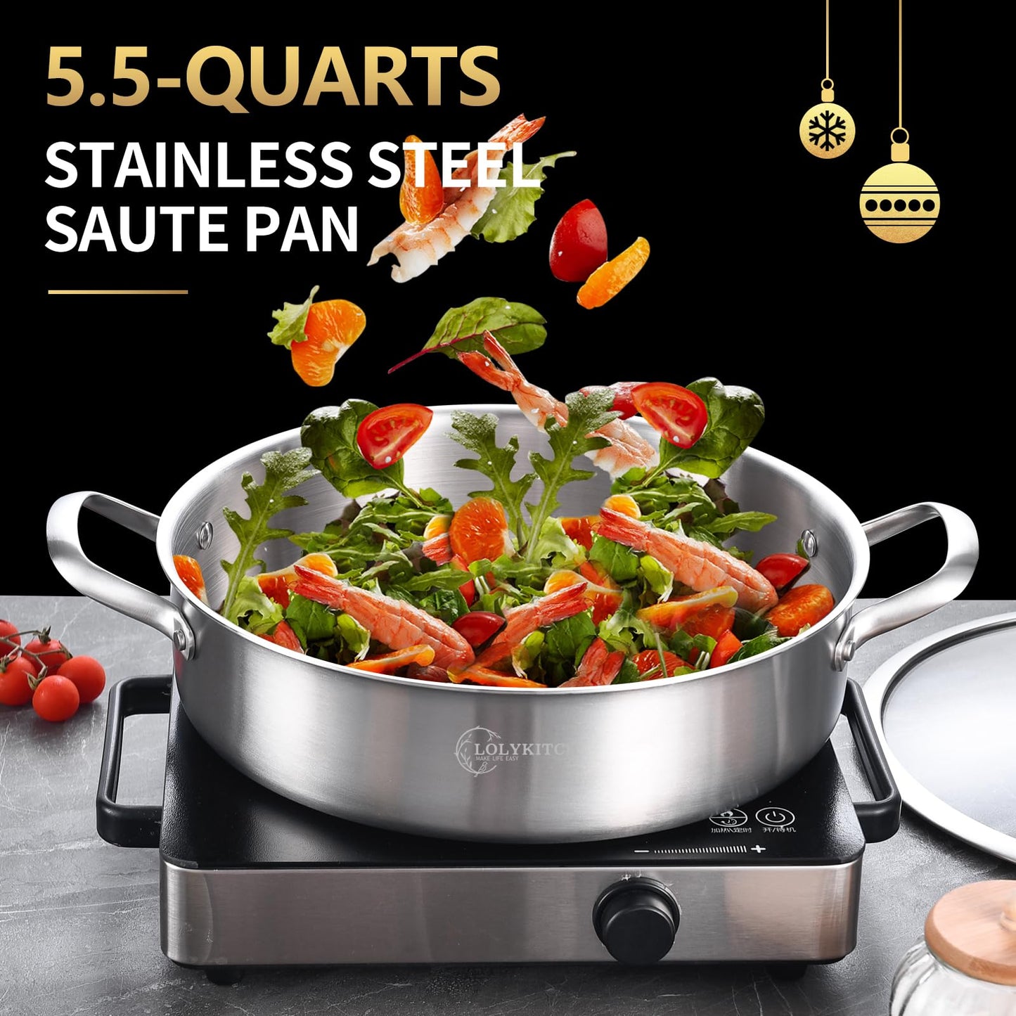 LOLYKITCH 12 Incn Tri-Ply Stainless Steel 5.5 QT Sauté Pan with Lid,Deep Frying pan,Large Skillet,Jumbo Cooker,Induction Pan,Dishwasher and Oven Safe.