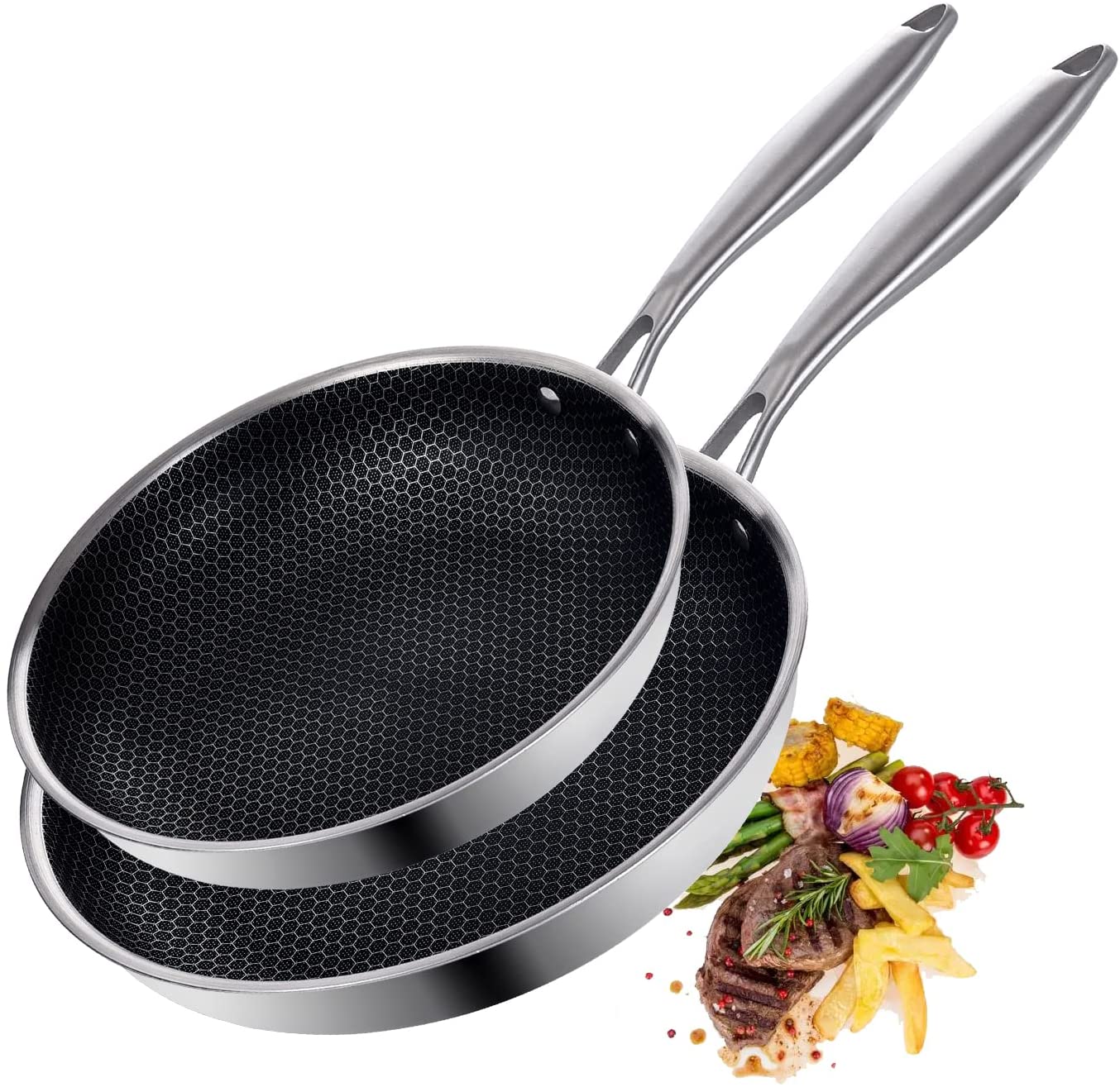 LOLYKITCH Stainless Steel Frying Pan Honeycomb Anti-Scratch Oven & Metal Utensil Safe Pan Compatible with Induction Stoves, Gas Stoves, Ceramic Stoves, Electric Stoves