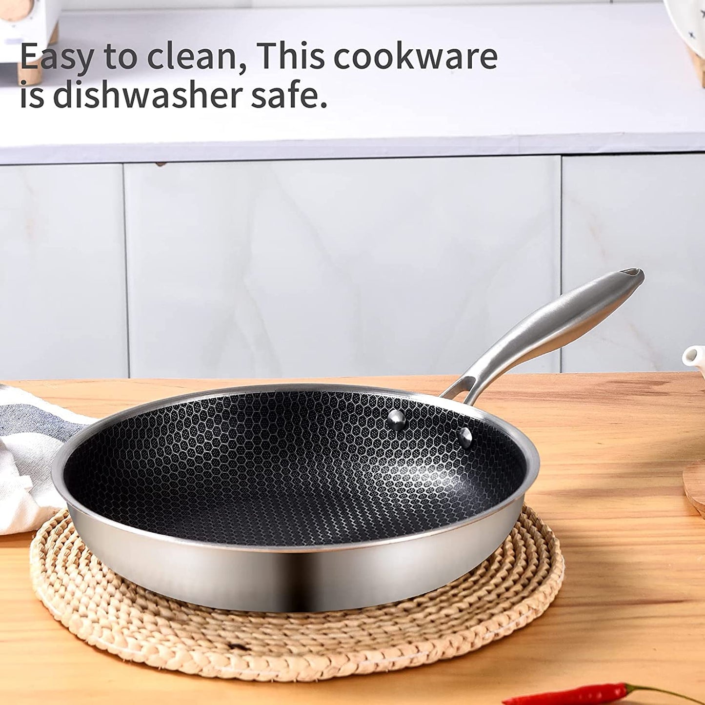LOLYKITCH Stainless Steel Frying Pan Honeycomb Anti-Scratch Oven & Metal Utensil Safe Pan Compatible with Induction Stoves, Gas Stoves, Ceramic Stoves, Electric Stoves