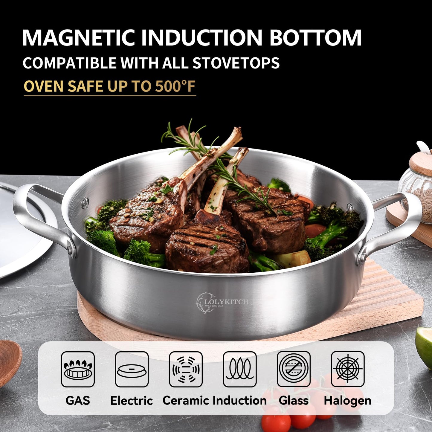 LOLYKITCH 12 Incn Tri-Ply Stainless Steel 5.5 QT Sauté Pan with Lid,Deep Frying pan,Large Skillet,Jumbo Cooker,Induction Pan,Dishwasher and Oven Safe.