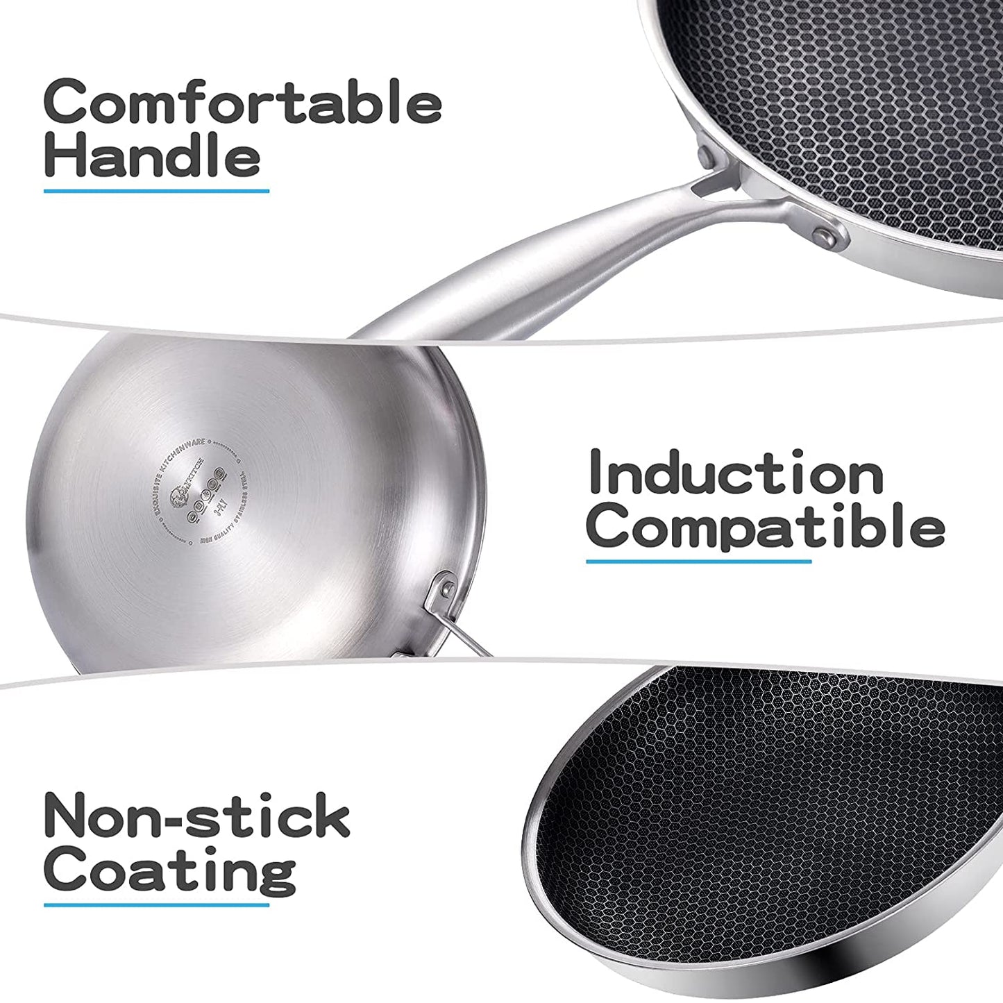 LOLYKITCH Stainless Steel Frying Pan Honeycomb Anti-Scratch Oven & Metal Utensil Safe Pan Compatible with Induction Stoves, Gas Stoves, Ceramic Stoves, Electric Stoves