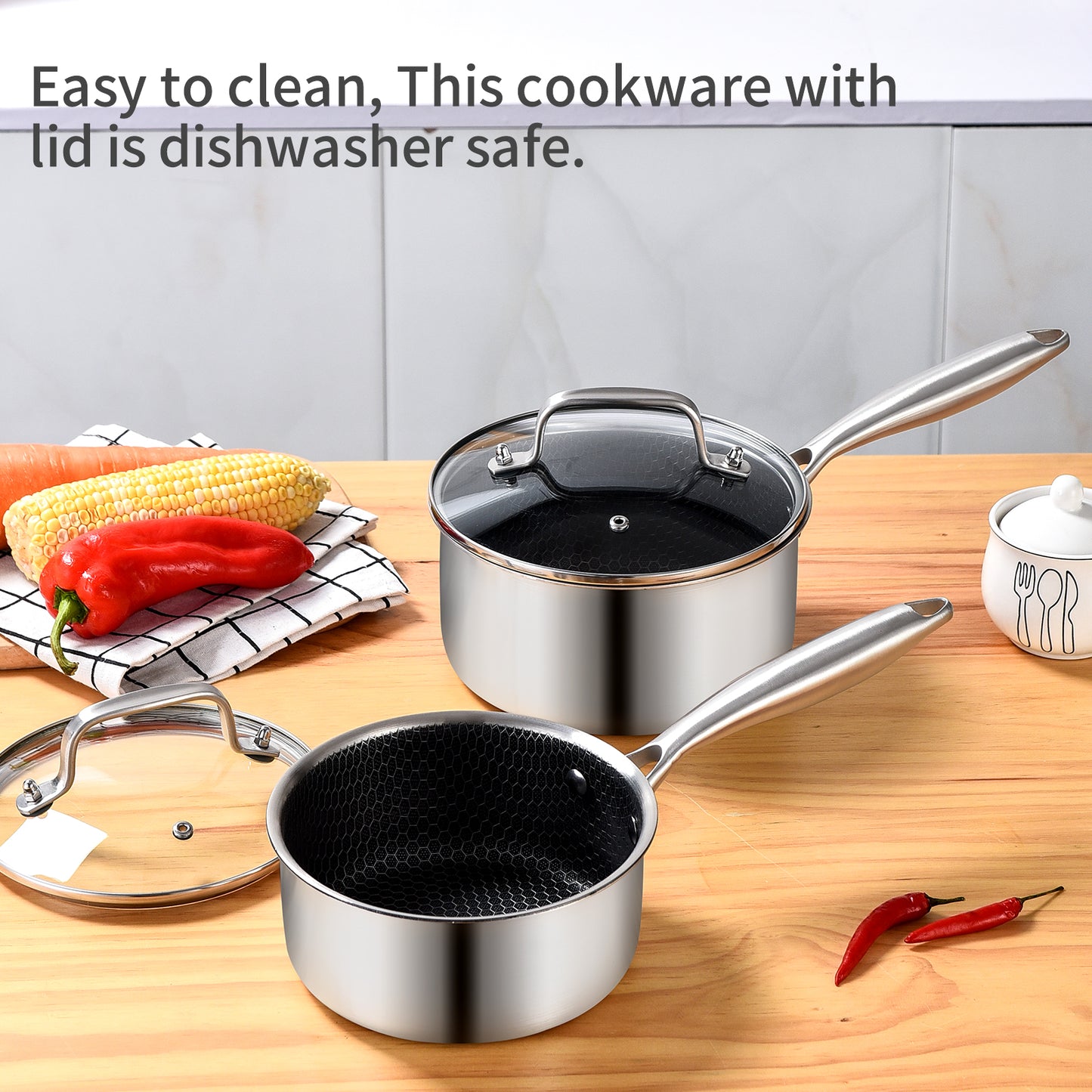 LOLYKITCH Tri-Ply Stainless Steel Saucepan with Glass Lid, Honeycomb Nonstick with Ergonomic Handle, Multipurpose Sauce Pan with Lid, Sauce Pot