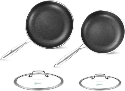 LOLYKITCH 10-12 Inch Tri-ply Hybrid Nonstick Stainless Steel Sauté Pan with Lids,Deep Frying Pan Set,Skillets,Induction Pots and Pans,Heavy Duty and Oven Safe,Detachable Handle.