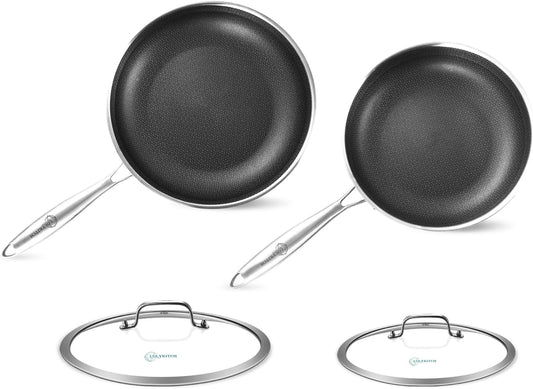 LOLYKITCH 10-12 Inch Tri-ply Hybrid Nonstick Stainless Steel Sauté Pan with Lids,Deep Frying Pan Set,Skillets,Induction Pots and Pans,Heavy Duty and Oven Safe,Detachable Handle.