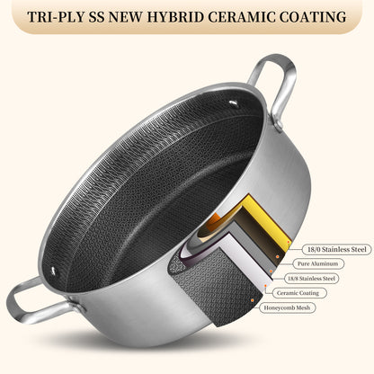 LOLYKITCH 7 QT Hybrid Ceramic Non Stick Tri-Ply Stainless Steel Sauté Pan with Lid,12 Inch Jumbo Cooker,PFOA & PFOS Free,Induction Cooking Pot, Dishwasher and Oven Safe