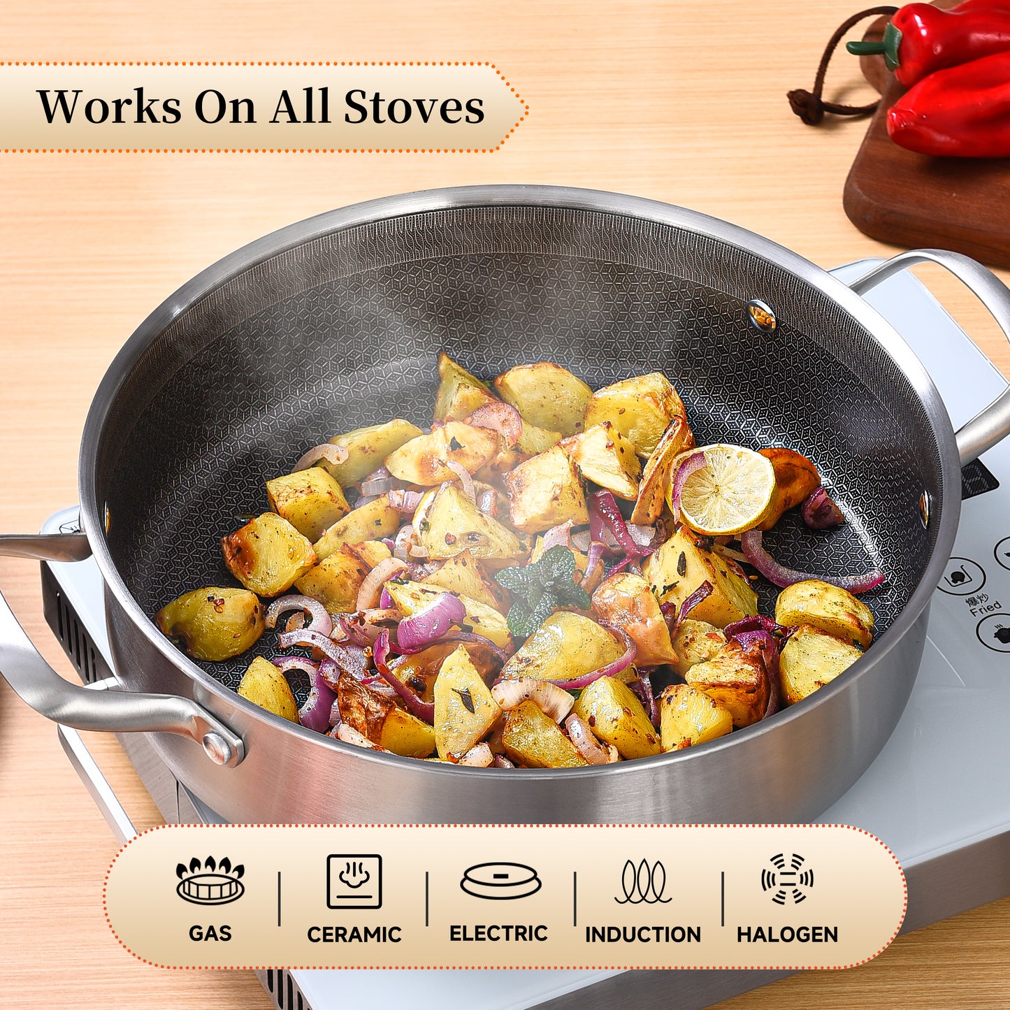 LOLYKITCH 7 QT Hybrid Ceramic Non Stick Tri-Ply Stainless Steel Sauté Pan with Lid,12 Inch Jumbo Cooker,PFOA & PFOS Free,Induction Cooking Pot, Dishwasher and Oven Safe