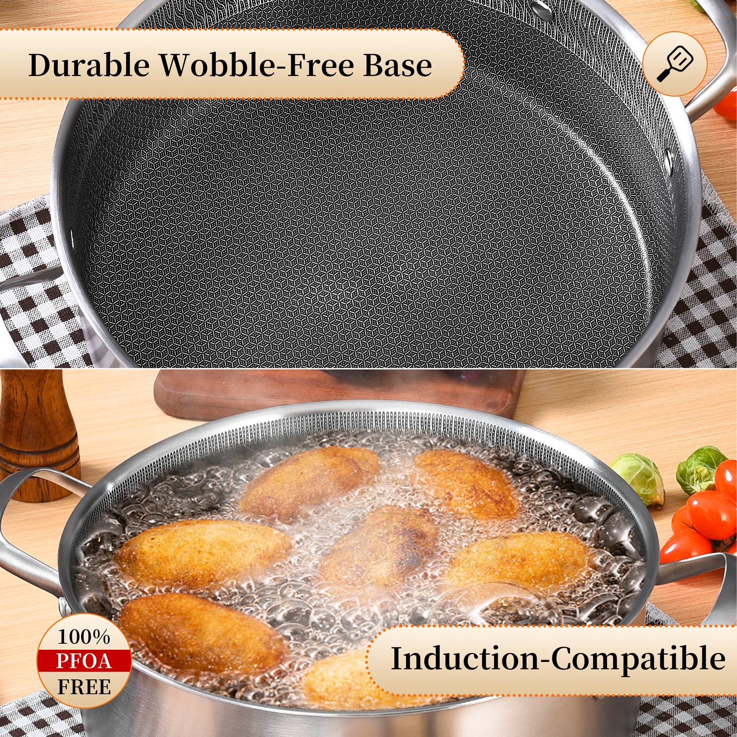 LOLYKITCH 7 QT Hybrid Ceramic Non Stick Tri-Ply Stainless Steel Sauté Pan with Lid,12 Inch Jumbo Cooker,PFOA & PFOS Free,Induction Cooking Pot, Dishwasher and Oven Safe