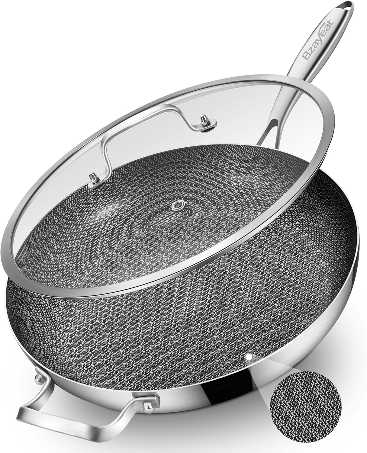 Bzayeat 14-Inch Nonstick Hybrid Frying Pan with Lid, Ceramic Coated Tri-Ply Stainless Steel Induction Chef's Pan, Large Skillet, PFOA Free, Oven & Dishwasher Safe for All Stoves, Detachable Handle