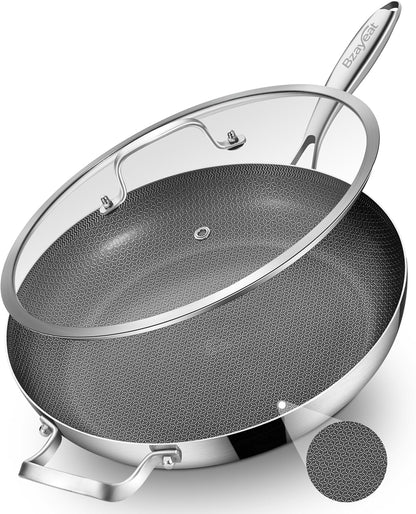 Bzayeat 14-Inch Nonstick Hybrid Frying Pan with Lid, Ceramic Coated Tri-Ply Stainless Steel Induction Chef's Pan, Large Skillet, PFOA Free, Oven & Dishwasher Safe for All Stoves, Detachable Handle