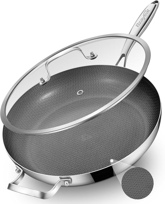 Bzayeat 14-Inch Nonstick Hybrid Frying Pan with Lid, Ceramic Coated Tri-Ply Stainless Steel Induction Chef's Pan, Large Skillet, PFOA Free, Oven & Dishwasher Safe for All Stoves, Detachable Handle