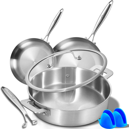 LOLYKITCH 8.5-10 Inch Tri-Ply Stainless Steel Frying Pans and 12 inch Sauté Pan with Lid,Induction Cookware Set,Multipurpose and Detachable Handle,Dishwasher and Oven Safe.