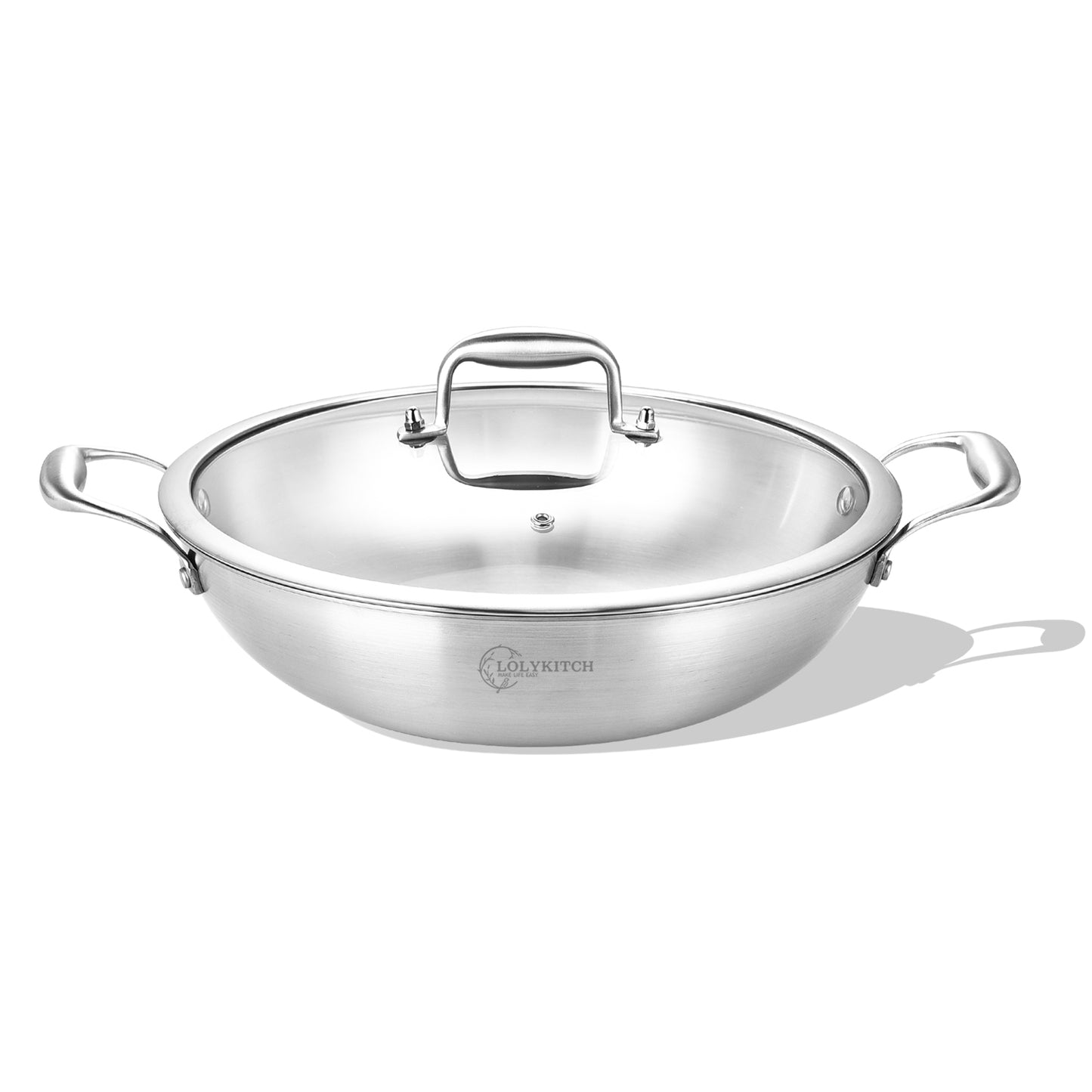 LOLYKITCH 11 inch Tri-Ply Stainless Steel Wok Pan with Lid,Deep Frying Pan,Jumbo Cooker,Induction Wok,Suit for All Stoves,Dishwasher and Oven Safe.