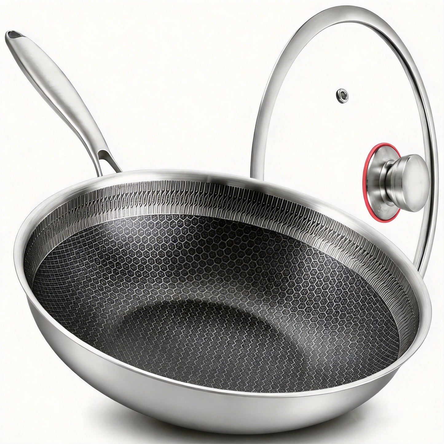 LOLYKITCH Ceramic Hybird Tri-ply Stainless Steel Wok Pan with Lid,12 inch Stir Fry Pan,Dishwasher and Oven Safe,Detachable Handle.