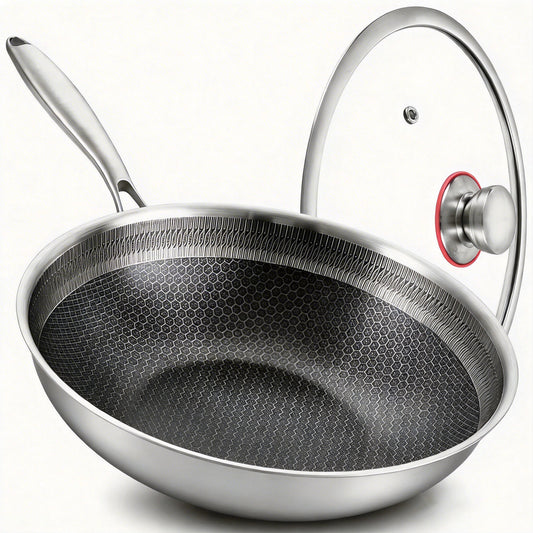 LOLYKITCH Ceramic Hybird Tri-ply Stainless Steel Wok Pan with Lid,12 inch Stir Fry Pan,Dishwasher and Oven Safe,Detachable Handle.