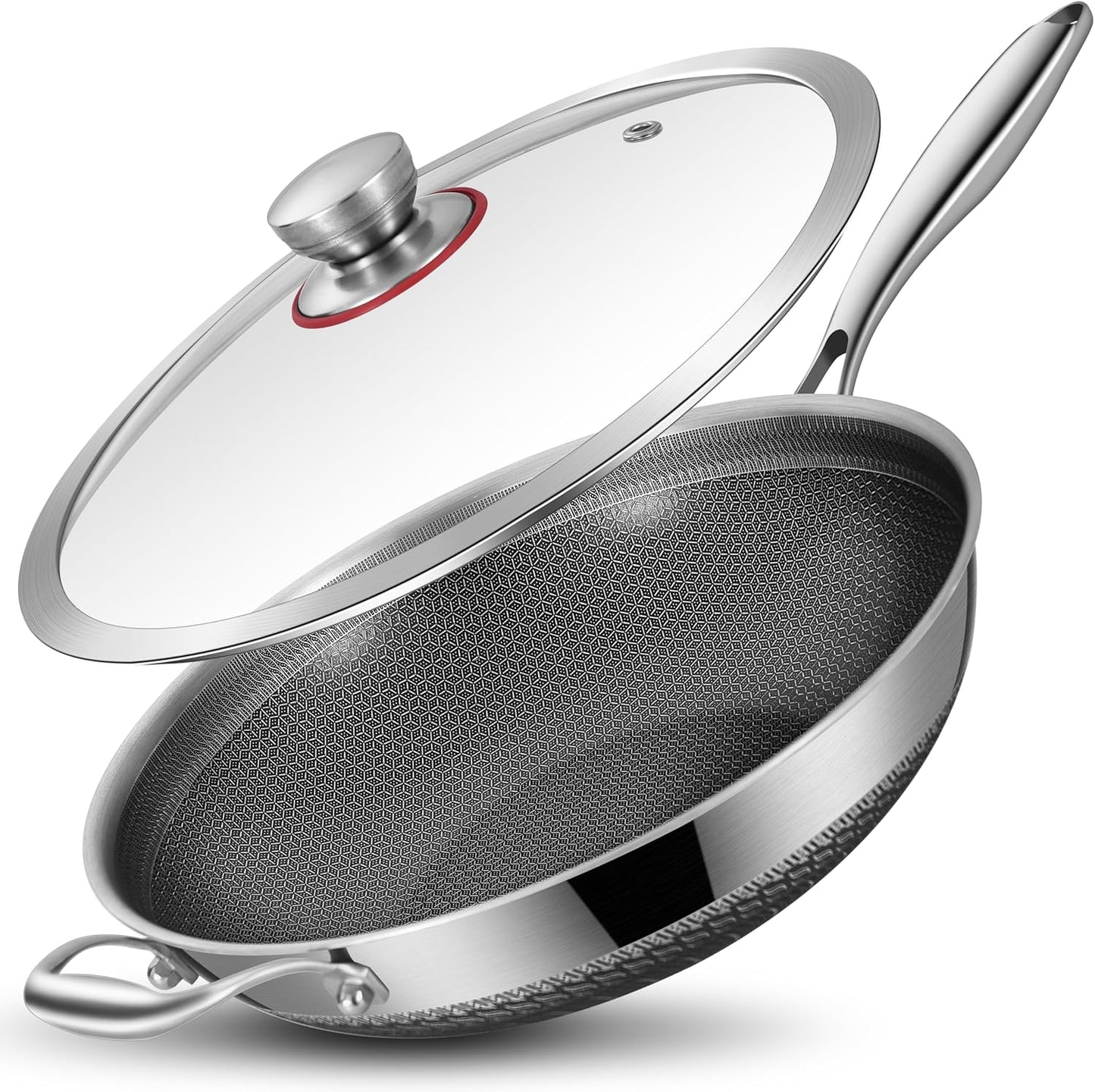LOLYKITCH New Hybird 12 Inch Tri-Ply Stainless Steel Wok Pan with Lid,Ceramic Nonstick Stir Fry Pans,Induction Cooking Pan,Dishwasher and Oven Safe