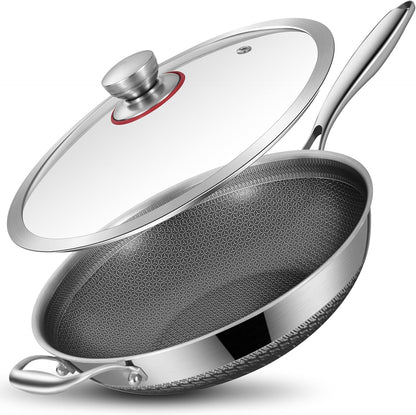 LOLYKITCH New Hybird 12 Inch Tri-Ply Stainless Steel Wok Pan with Lid,Ceramic Nonstick Stir Fry Pans,Induction Cooking Pan,Dishwasher and Oven Safe