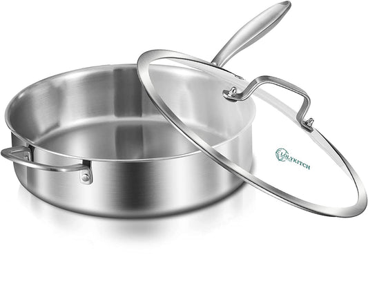 LOLYKITCH 5 QT Tri-Ply Stainless Steel Sauté Pan,12 Inch Deep Frying Pan with Lid,Large Skillet,Jumbo Cooker,Induction Cooking Pan,Dishwasher and Oven Safe.