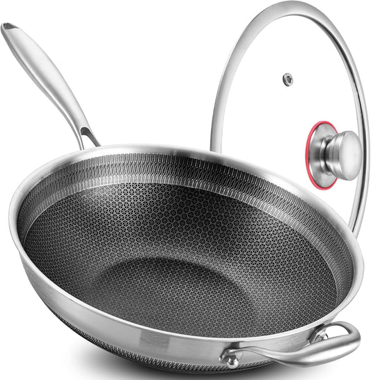 LOLYKITCH 12 Inch New Hybird Non-Stick Tri-Ply Stainless Steel Wok Pan with Lid,Stir-Fry Pan,Induction Cooking Pan,Dishwasher and Oven Safe, Detachable Handle.