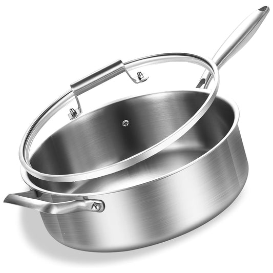 LOLYKITCH 8 QT Tri-Ply Stainless Steel Saute Pan with Lid,13 inch Induction Deep Frying Pan, Large Skillet,Jumbo Cooker, Dishwasher and Oven Safe,Detachable Handle.