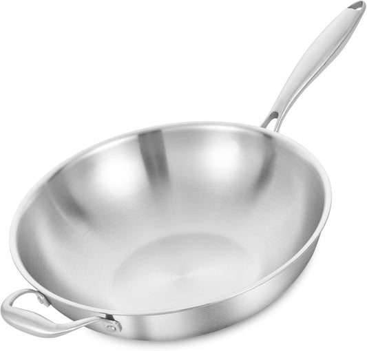 LOLYKITCH 14 inch Tri-Ply Stainless Steel Wok Pan, Stir-Frying Pan,Induction Cooking Pan,Dishwasher and Oven Safe,Heavy Duty and Detachable Handle.