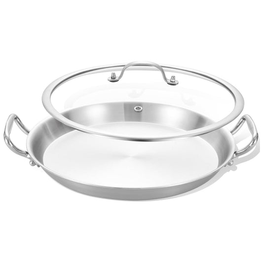 LOLYKITCH 13 Inch Tri-ply Stainless Steel Paella Pan with Lid,Griddle,Large Skillet,Omelet,Jumbo Cooker,Heavy Duty Dishwasher and Oven Safe.