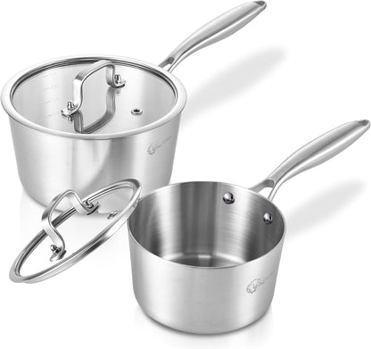 LOLYKITCH Tri-Ply Stainless Steel Saucepan Set 1QT & 2QT with Lids,Induction Sauce Pots,Pots and Pans Set,Oven and Dishwasher Safe.